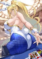 1girls artoria_pendragon artoria_pendragon_(lancer) artoria_pendragon_(swimsuit_ruler) ass big_ass big_breasts big_butt blonde_hair breasts bunny_ears bunnysuit cards dat_ass fate/grand_order fate_(series) female fishnet_legwear green_eyes huge_ass huge_breasts large_ass large_breasts long_hair playboy_bunny playing_card ponytail saber shiiki_(love-saber) thick_thighs wide_hips