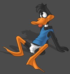 anatid anseriform anthro avian bird briefs bulge clothing daffy_duck detailed_bulge duck fernley hi_res looney_tunes male midriff shirt sitting solo tank_top tongue tongue_out topwear underwear warner_brothers