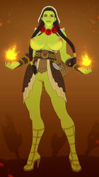 antimo areolae black_hair braid breasts breasts_out brown_eyes curvy feet female female_only footwear full_body functionally_nude green_skin hairless_pussy highres hood humanoid large_breasts long_hair magic necklace nipples no_bra no_panties orc orc_(warcraft) orc_female puffy_nipples pussy rule_63 sandals solo solo_female standing thrall toes tusks twin_braids very_long_hair world_of_warcraft