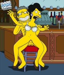 betty_(the_simpsons) bottomless clothes color famous-toons-facial female front_view human indoors insertion male moe's_tavern moe_szyslak nude penis sex sitting straight tagme testicles the_simpsons vulva