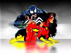 1boy 1girls ambiguous_penetration female fisting human jessica_drew light-skinned_female light_skin male marvel mrfuzzynutz spider-man_(series) spider-woman straight symbiote vaginal_fisting venom_(marvel)