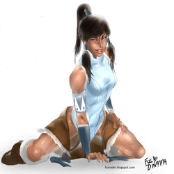 1girls armband avatar_legends black_hair blue_eyes boots clothing dark-skinned_female dark_skin female female_only fusrodin human kneeling korra naughty_face no_panties open_mouth ponytail small_breasts solo straight_hair tank_top the_avatar the_legend_of_korra tied_hair water_tribe wristband