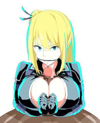 1boy angry blonde_hair blue_eyes bodysuit breasts erect_nipples female forced gag gagged huge_breasts long_hair looking_at_viewer male nancy_lee ninja_slayer nipple_bulge paizuri penis pokies rape restrained simple_background straight