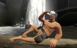 3d bandolier being_watched belt blue_eyes cowboy_hat engineer engineer_(team_fortress_2) extension_cord flaccid_penis floating furei garry's_mod gay goggles_around_neck helmet holding_hat human human_male human_only in_barrel looking_at_viewer male male_only nude on_side pond posing rocks silly_face soldier soldier_(team_fortress_2) team_fortress_2 tongue_out waterfall yaoi