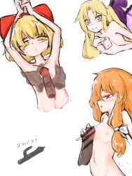 3girls bat_wings blonde_hair flat_chest gengetsu kurumi_(touhou) long_hair naizuri navel negataipa nipples orange_(touhou) orange_hair penis penis_to_breast ponytail red_eyes short_hair small_breasts tagme touhou touhou_(pc-98) vampire yellow_eyes