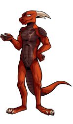 absurd_res animal_genitalia anthro balls claws dragon effarreturns genitals hand_on_hip hi_res horn male pawpads red_dragon scalie scar sheath simple_background solo western_dragon white_background xaldin