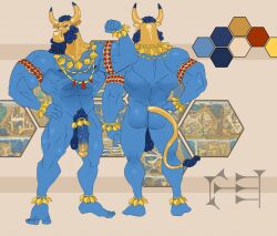 anthro ass balls beard blue_body bovid bovine cuneiform european_mythology facial_hair flexing genitals gold_(metal) greek_mythology horn jewelry male male_only mammal medial_ring minotaur mythology nipples penis plantigrade pubes solo standing tuskforce vein veiny_penis