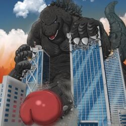 1:1 anthro big_penis biped city destruction erection genitals glans godzilla godzilla_(series) hi_res huge_cock humanoid_genitalia humanoid_penis hyper hyper_penis kaiju macro male mfive_(artist) muscular muscular_anthro muscular_male penis scalie solo toho vein veiny_penis