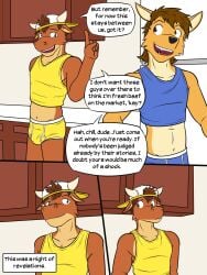 3:4 anthro backwards_baseball_cap backwards_hat baseball_cap bovid bovine briefs bulge canid canine canis cattle clothed clothing comic coyote crop_top detailed_bulge dialogue duo english_text fuze hat headgear headwear hi_res male mammal midriff mond_reyes navel pantsless shirt tank_top texnatsu text topwear ty_conrad underwear