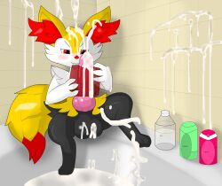 animal_genitalia animal_penis anthro balls bathroom black_body blush bodily_fluids bottle braixen canine_genitalia canine_penis container cum cum_on_penis cum_on_wall cumshot ejaculation excessive_cum excessive_genital_fluids generation_6_pokemon genital_fluids genitals hi_res holding_object lewdkitten069 male male_only masturbation nintendo penetrable_sex_toy penile penile_masturbation penis pokemon pokemon_(species) red_eyes sex_toy solo yellow_body