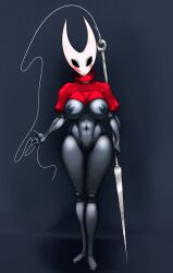 absurd_res anthro areola arthropod big_breasts black_eyes breasts cape clothing dark_areola dark_body dark_nipples exposed_breasts female genitals grey_areola grey_background grey_body grey_nipples hi_res holding_object holding_weapon hollow_knight hornet_(hollow_knight) insects mitiz-art navel nipples nude pussy red_cape red_clothing red_topwear simple_background solo team_cherry thick_thighs topwear weapon white_body wide_hips