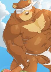 2023 absurd_res anthro asian_clothing balls bear black_bear blindfold blush brown_balls brown_body brown_fur brown_nipples brown_penis chest_markings clothed clothing cloud countershade_snout countershading covered_eyes east_asian_clothing food foreskin fruit fundoshi fundoshi_only fur genitals glans happyhyena0 hi_res humanoid_genitalia humanoid_hands humanoid_penis japanese_clothing juuichi_mikazuki kemono male mammal markings melon moon_bear morenatsu musclegut muscular muscular_anthro muscular_male nipples outside overweight overweight_anthro overweight_male pecs penis pink_glans plant snout solo tan_body tan_fur underwear underwear_only ursine vein veiny_penis watermelon watermelon_crushing white_clothing white_fundoshi white_underwear