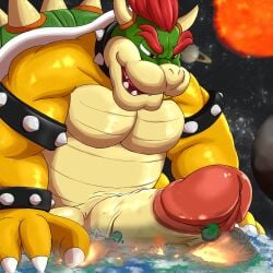 1:1 anthro balls big_penis biped bowser destruction erection genitals glans hi_res humanoid_genitalia humanoid_penis koopa macro male male_only mario_(series) mfive_(artist) muscular muscular_anthro muscular_male nintendo penis planet_destruction planet_penetrated scalie solo vein veiny_penis