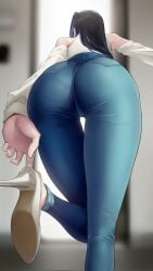 1girls 2023 absurdres ass bent_over big_ass black_hair blue_hair blue_pants blurry_background denim detached_sleeves hair_intakes high_heels highres hololive hololive_english hololive_english_-council- hololive_english_-promise- jeans leg_up long_hair long_legs long_sleeves ouro_kronii pants shirt sleeveless sleeveless_shirt solo somebody somebody_(leiking00) thigh_gap thighs tight_clothing tight_jeans tight_pants virtual_youtuber white_high_heels white_shirt