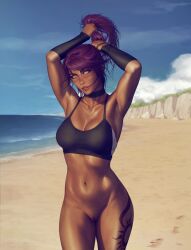 1girls beach bleach bottomless dark-skinned_female dark_skin female female_only krysdecker looking_at_viewer purple_hair pussy shihouin_yoruichi solo vagina yellow_eyes