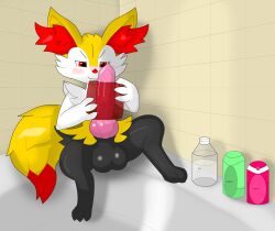 animal_genitalia animal_penis anthro balls bathroom black_body blush bottle braixen canine_genitalia canine_penis container generation_6_pokemon genitals hi_res holding_object lewdkitten069 male male_only masturbation nintendo penetrable_sex_toy penile penile_masturbation penis pokemon pokemon_(species) red_eyes sex_toy solo yellow_body