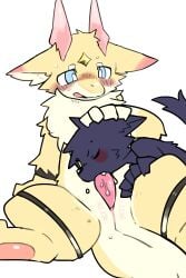 2023 2:3 4_fingers 5_fingers absurd_res anthro big_tail blush bodily_fluids canid canine canis chest_tuft cute_fangs dragon duo erection fellatio fingers fur furred_dragon genitals hand_on_head hi_res horn kemono looking_at_another male male/male mammal multicolored_body multicolored_fur neck_tuft nifuramu_(pizademokttero) nude open_mouth oral pawpads paws penile penis pizademokttero purple_body purple_fur saliva sex simple_background spread_legs spreading sweat tail tuft white_body white_fur wolf yellow_body yellow_fur