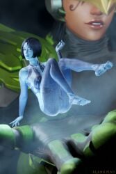 2girls 3d armor blankpins blue_body blue_skin bob_cut cortana cortana_v2 crossover female female_focus female_only green_clothing halo_(series) halo_4 hologram micro_female microsoft nipples nude_female overwatch pharah transparent_body turtleneck