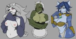 5_fingers accessory anthro areola argonian bethesda_softworks big_breasts blue_areola blue_body blue_hair bottomwear breasts canid canid_demon canine clothed clothing demon ear_piercing female female_anthro fingers fox ghostylime green_areola green_body green_eyes grey_hair group hair hellhound helluva_boss hi_res jewelry krystal lifts-her-tail loincloth looking_at_viewer loona_(helluva_boss) lusty_argonian_maid mammal markings medium_breasts multicolored_body multicolored_scales navel necklace nintendo nipples non-mammal_breasts piercing pink_nipples pupils red_sclera reptile scales scalie seductive shoulder_pads skyrim slit_pupils smile standing star_fox the_elder_scrolls tribal tribal_markings trio two_tone_body two_tone_scales white_body white_eyes yellow_eyes