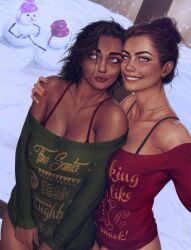 bra_straps brown_hair christmas christmas_clothing cleavage clothed duo green_eyes hazel_eyes holidays iris_(krysdecker) krysdecker looking_at_viewer maya_(krysdecker) necklace oc original original_character original_characters selfie smiling smiling_at_viewer sweater