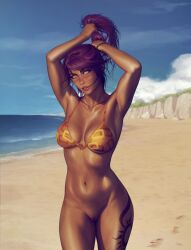 1girls beach bleach bottomless dark-skinned_female dark_skin female female_only krysdecker looking_at_viewer purple_hair pussy shaved_pussy shihouin_yoruichi solo vagina yellow_eyes