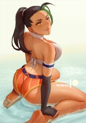 1girls aged_up ass bare_legs barefoot black_hair booty_shorts breasts brown_eyes brown_skin dat_ass feet female huge_ass in_water large_breasts long_hair looking_at_viewer looking_back mystra77 necktie nemona_(pokemon) nintendo pokemon pokemon_sv ponytail short_shorts shorts smile squatting thick_thighs thighs tie