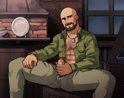 1boy bald bald_man beard blush blush bomber_jacket brown_eyes brown_hair brown_skin castlevania castlevania:_aria_of_sorrow castlevania:_dawn_of_sorrow dog_tags erection facial_hair foreskin gay hairy hairy_chest hairy_male hammer_(castlevania) hand_on_penis indoor indoors inside jacket looking_at_viewer male male_focus male_only male_pubic_hair masturbation muscles muscular muscular_male open_mouth pants penis penis_out pubic_hair shirtless smile smiling smiling_at_viewer solo solo_focus solo_male soupyeel tan_skin unzipped