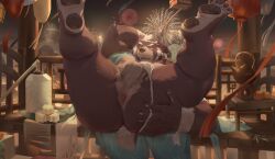 2023 alvin_(mamaduo) anthro anus asian_clothing ass backsack balls bear bedroom_eyes big_butt brown_body brown_fur butt_grab clothing clothing_aside detailed_background feet fireworks fundoshi fundoshi_aside fur furry furry_only genitals hand_on_butt hi_res holidays inviting inviting_to_fuck inviting_to_sex legs_up lying male male_only mamaduo mammal mostly_nude narrowed_eyes new_year night nipples on_back outside paws presenting presenting_anus seductive solo spread_legs spreading tail thick_thighs underwear underwear_aside