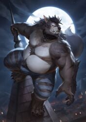 2022 absurd_res anthro black_body black_fur bottomwear bruno_(rossciaco) bulge canid canine clothed clothing collar denim denim_clothing detailed_background detailed_bulge digital_media_(artwork) digital_painting_(artwork) full_moon fur hi_res jeans male mammal moon musclegut muscular muscular_anthro muscular_male nat10730 night pants pecs solo spiked_collar spikes topless torn_bottomwear torn_clothing torn_jeans torn_pants were werecanid werecanine werewolf yellow_eyes