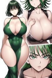 abs ai_generated big_ass big_nipples cleavage fubuki_(one-punch_man) giant_breasts green_clothes green_clothing green_dress green_eyes green_hair hips huge_ass huge_breasts huge_hips huge_thighs looking_at_viewer muscular muscular_female on_bed on_knees one-punch_man staring staring_at_viewer thick_hips wide_hips