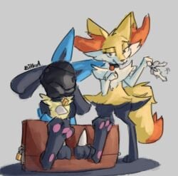 ambiguous_gender anthro bitkat blindfold bondage bound braixen choker collar feet generation_4_pokemon generation_6_pokemon jewelry key lock lucario mask necklace nintendo pawpads paws pink_pawpads pokemon pokemon_(species) restraints simple_background soles stocks taunting trapped