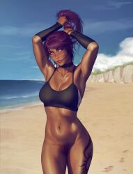 1girls beach bleach bottomless dark-skinned_female dark_skin female female_only krysdecker looking_at_viewer pubic_hair purple_hair pussy shihouin_yoruichi solo vagina yellow_eyes