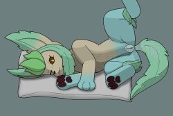 3:2 animal_genitalia animal_pussy blue_body canine_genitalia canine_pussy eeveelution female feral generation_4_pokemon genitals glaceon green_body grey_background hi_res hybrid leafeon lewdkitten069 looking_at_viewer lying multicolored_body nintendo one_leg_up pillow pokemon pokemon_(species) pussy raised_leg simple_background solo spread_legs spreading yellow_body