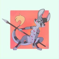 1:1 2023 arsemaus aulani breasts female genitals hi_res hybrid kangaroo macropod mammal marsupial melee_weapon mustelid nipples nude ottaroo otter pinup polearm pose pussy solo spear weapon