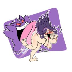 1girls 1pokemon ass bent_over breasts gengar hex_maniac human licking looking_pleasured monica_moneybell nude nude_female pokémon_(species) pokemon pokephilia purple_hair tongue