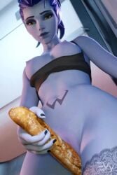 1girls 3d amelie_lacroix animated baguette blender blizzard_entertainment breasts female funny nipples no_panties no_sound overwatch solo video vulpeculy widowmaker
