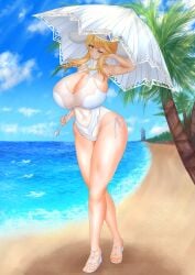 1girls artoria_pendragon artoria_pendragon_(lancer) artoria_pendragon_(swimsuit_ruler) artoria_pendragon_(swimsuit_ruler)_(second_ascension)_(fate) beach blonde_eyebrows blonde_hair fate/grand_order fate_(series) female female_only holding_umbrella one-piece_swimsuit outdoors runrun solo standing swimsuit umbrella white_swimsuit white_umbrella