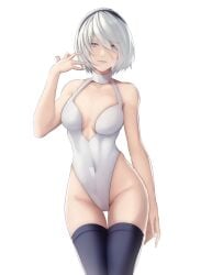 1girls bare_thighs beauty_mark blue_eyes female female_only grey_hair leotard looking_at_viewer mole mole_under_mouth nier:_automata pomelomelon short_hair smile solo thigh_gap thighhighs thighs yorha_2b