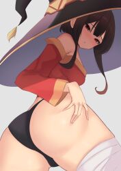 1girls ass bandaged_leg bandages bangs bare_shoulders black_hair black_panties blunt_bangs blush breasts dress female female_only from_behind hat highres kono_subarashii_sekai_ni_shukufuku_wo! long_hair looking_at_viewer looking_back low-angle_view megumin panties red_dress red_eyes red_sleeves short_hair_with_long_locks small_breasts solo thighhighs underwear wabimochi witch_hat