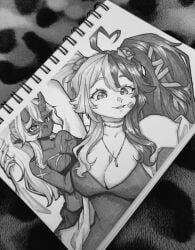 akumi big_breasts black_and_white mixed_hair_color momotexx_(vtuber) oni oni_horns scars traditional_art virtual_youtuber vyugen