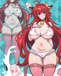 1girls 2023 big_breasts blue_eyes blush cow_ears cow_girl cow_horns cow_print cow_print_bikini cow_tail fake_horns female female_only hi_res high_school_dxd long_hair looking_at_viewer lustypix milk milk_carton red_hair red_stockings rias_gremory smiling smiling_at_viewer solo stockings tail thigh_gap thigh_squish