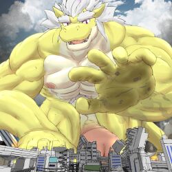 1:1 5_fingers abs anthro biceps big_penis biped building building_destruction city city_destruction cloud darkai_(character) destroyed_building destruction dragon erection fingers genitals glans hair hand_on_ground hi_res huge_cock humanoid_genitalia humanoid_penis hyper hyper_genitalia hyper_penis kneeling landscape_dwarfing low-angle_view macro male mfive_(artist) muscular muscular_anthro muscular_male nipples open_mouth pecs penis solo vein veiny_penis white_hair yellow_body