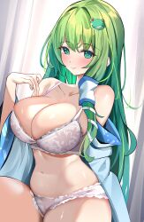 1girls arm_behind_back bare_shoulders belly belly_button big_breasts blush blushing_at_viewer bra breasts chubby chubby_female cleavage cleavage_overflow collarbone curtains enishi96 eyebrows_visible_through_hair eyelashes female_only green_eyes green_hair hair_between_eyes hair_ornament half-dressed half_dressed half_naked hand_on_breast hi_res highres large_breasts lingerie lingerie_only long_hair looking_at_viewer miko sanae_kochiya shoulders shrine_maiden smile smiling smiling_at_viewer thick_thighs thighs touhou underwear underwear_only waist