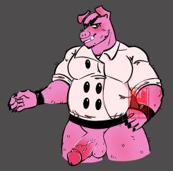 anthro chef_uniform clothing fur genitals hi_res lego lego_monkie_kid male male_only mammal mature_male musclegut penis pigsy_(monkie_kid) pink_body pink_fur solo suid suina sus_(pig) topwear unknown_artist