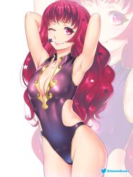 1girls alternate_costume bangs black_one-piece_swimsuit black_swimsuit blush breasts cleavage etchimune facial_mark female female female_only fire_emblem fire_emblem_engage hair_ornament large_breasts long_hair looking_at_viewer nintendo one-piece_swimsuit red_eyes red_hair simple_background smile solo star_(symbol) star_facial_mark star_hair_ornament swimsuit yunaka_(fire_emblem)