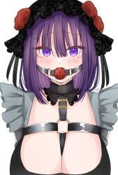 1girls asti_1019 ball_gag bondage breasts collar cosplay gag gagged gothic_lolita hair_ribbon harness headdress kitagawa_marin kuroe_shizuku_(cosplay) large_breasts lolita_fashion long_hair looking_at_viewer o-ring_harness purple_eyes purple_hair rose_(flower) sono_bisque_doll_wa_koi_wo_suru tears