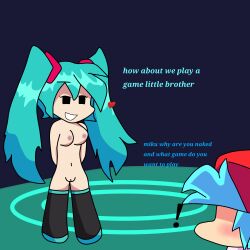 ! 1boy 1girls areolae bangs bfl_(artist) big_breasts black_thighhighs blue_hair blush boyfriend_(friday_night_funkin) breasts brother_and_sister confused english_text faceless_male female female_focus flirting friday_night_funkin friday_night_funkin_mod hat hatsune_miku imminent_incest light-skinned_female light-skinned_male light_skin long_hair male navel pussy red_hat siblings smile teeth thighhighs twintails vocaloid