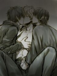 3boys crotch_grab crotch_rub eye_patch gintama gintoki_sakata hangleing hijikata_toshiro kissing male male_only mmm_threesome monochrome open_pants open_shirt spread_legs takasugi_shinsuke threesome yaoi