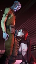 1boy 1girls 3d alien areolae batarian breasts commander_shepard cum cum_in_mouth cum_on_face exposed_breasts facial female femshep frost_556 green_eyes human interspecies kneeling licking licking_penis male mass_effect nipples oral oral_sex pale pale-skinned_female pale_skin penis red_hair sex skimpy skimpy_clothes straight