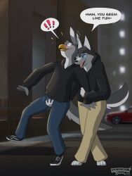 3:4 anthro avian beak bird blue_eyes blush bottomwear bulge bulge_grab canid canine canis car city clothed clothing denim denim_clothing dialogue domestic_dog duo dyna_(dynablade_savior) dynablade_savior feathers footwear fur grey_body grey_feathers grey_fur hi_res hoodie husky jeans kodak_(dynablade_savior) male male/male mammal multicolored_body multicolored_fur night nordic_sled_dog outside pants questionable_consent shocked_expression shoes siberian_husky speech_bubble spitz tagme topwear two_tone_body two_tone_fur vehicle white_body white_feathers white_fur yellow_beak